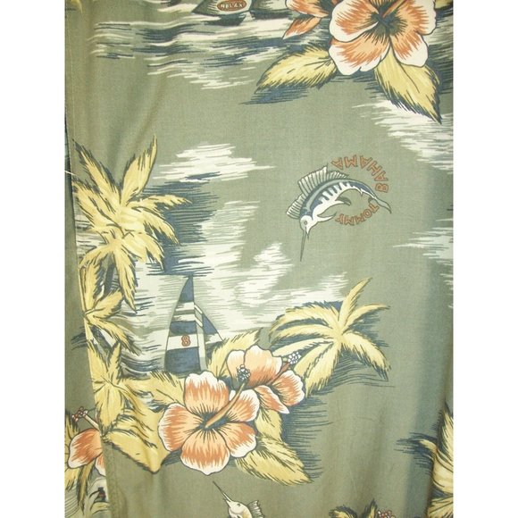 Tommy Bahama Hawaiian Shirt L Vented Fishing Floral Rayon Green - Picture 11 of 12